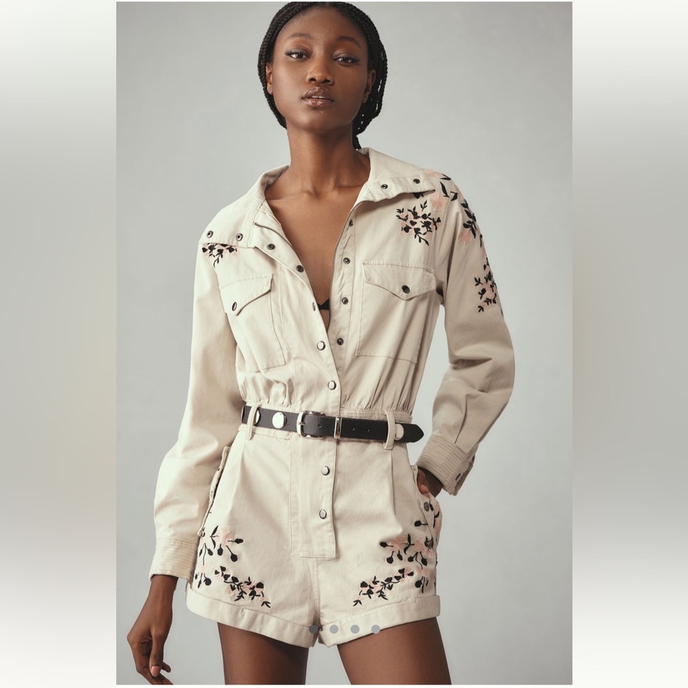 Anthrpologie Embroidered Beige Utility Romper